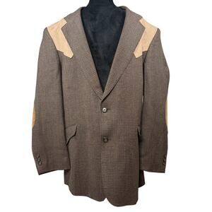 Vintage 90s Tweed Wool Blazer Men's 44R Mesquite Brown Suede Yoke Elbow Patches